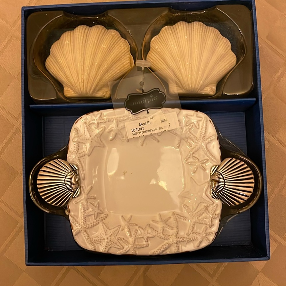 NWT Mud Pie Starfish Soap Dish with Shell shaped soap